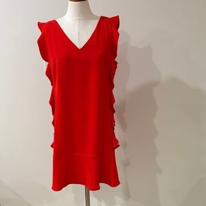 CeCe Orange Red V-Neck Ruffled Shift mini party dress button back ruffle hem 12